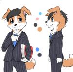 anthro black_hair blue_eyes blue_necktie bottomwear business_suit canid canine canis clothed clothing color_swatch concept_art coronta_(tenshoku_safari) domestic_dog fur hair male mammal maruyama_(artist) multicolored_body multicolored_fur multiple_poses necktie official_art pants pose ring_binder solo suit tenshoku_safari two_tone_body two_tone_fur