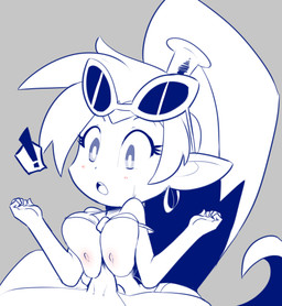 :o big_breasts big_ears blush bodily_fluids bottomwear breast_play breast_squish breasts clothed clothing disembodied_penis duo ear_piercing ear_ring exclamation_point female genitals grey_background hair humanoid_pointy_ears long_hair male male/female nipples not_furry open_mouth penis piercing pointy_ears ponytail raised_clothing raised_shirt raised_topwear ring_piercing sex shirt simple_background solo_focus squish surprised sweat titfuck topwear wide_eyed tenshigarden shantae_(series) wayforward shantae genie humanoid 2018 blue_and_white hi_res monochrome spot_color