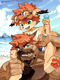 anthro beach boxers_(clothing) carrying_another clothed clothing countershading duo eyewear eyewear_on_head food goggles goggles_on_head green_eyes ice_cream_cone kemono male open_mouth open_smile pawpads piggyback smile swimming_goggles swimming_trunks swimwear tan_body topless topless_male underwear young young_anthro young_male dogblin cyberconnect2 little_tail_bronx mamoru-kun_(series) mamoru's_father_(mamoru-kun) mamoru-kun canid canine caninu canis domestic_dog mammal 2025 3:4 chinese_description hi_res father_(lore) father_and_child_(lore) father_and_son_(lore) parent_(lore) parent_and_child_(lore) parent_and_son_(lore) son_(lore)