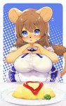 4_fingers anthro apron big_breasts black_nose blue_eyes blush breasts brown_body brown_fur brown_hair claws clothed clothing cute_fangs dress eyelashes fangs female female_anthro finger_claws fingers food frilly frilly_clothing fur gesture hair heart_gesture heart_symbol kemono ketchup looking_at_viewer multicolored_body multicolored_fur omelette plate solo tan_body tan_fur teeth two_tone_body two_tone_fur kishibe felid lion mammal pantherine 2022 dated digital_media_(artwork) hi_res signature translated_description