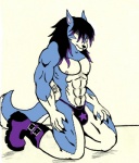 5_fingers anthro black_hair blue_body boots clothing fingers footwear hair male multicolored_body muscular muscular_anthro muscular_male nipples paint purple_boots purple_clothing purple_footwear shoes solo tail thong underwear white_body ddw ms canid canine canis mammal wolf 2009 hi_res signature