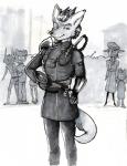 anthro black_nose black_uniform clothed clothing confusion drawing fur grin infiltrator looking_at_viewer male military o_o smile solo standing white_body white_fur wunderknodel mortheisen canid canine canis mammal wolf 2016 greyscale monochrome shaded traditional_media_(artwork)