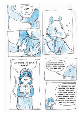 anthro biped clothed clothing dialogue duo female fur hair male male/female pregnant pregnant_female simple_background smile smiling_at_viewer speech_bubble tail text bedupolker mariella_mazatzal rusty_reavis cricetid deer_mouse mammal mouse murid murine rodent comic english_text hi_res trans_(lore) trans_man_(lore)
