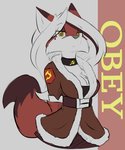 anthro breasts clothed clothing collar communism female hair hammer_and_sickle looking_at_viewer politics solo text white_hair yellow_eyes infinitedge canid canine fox mammal 2020 digital_media_(artwork)