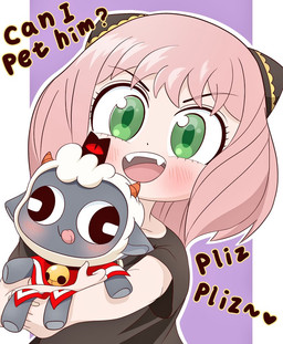 anthro asking_for_permission begging blush blush_lines daww derp_eyes duo female fur green_eyes grey_body grey_skin hair heart_symbol holding_another larger_female light_body light_skin male pink_hair question size_difference smaller_male text white_body white_fur white_wool wool_(fur) young young_female young_human cotton3962 cult_of_the_lamb massive_monster_(studio) spy_x_family anya_forger lamb_(cult_of_the_lamb) bovid caprine human mammal sheep english_text