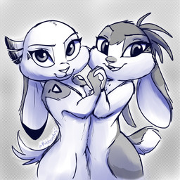 anthro dotted_background duo ears_down female fur hand_holding looking_at_viewer nude open_mouth open_smile pattern_background pivoted_ears simple_background smile ribbontini ribbontail_(character) smores_(ribbontini) lagomorph leporid mammal rabbit 1:1 2020 hi_res signature