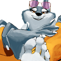 3_fingers 4_toes anthro bedroom_eyes black_nose blue_body blue_fur bottomwear casual_clothing claws clothed clothing colored_nails ears_up eyebrows eyelashes eyewear eyewear_on_head feet female female_anthro fingernails fingers foot_fetish foot_focus fur glasses glistening glistening_body grey_body grey_fur grin grinning_at_viewer legwear looking_at_viewer multicolored_body multicolored_fur nails narrowed_eyes orange_bottomwear orange_clothing orange_eyes orange_pants pants pink_eyewear pink_glasses seductive simple_background smile smiling_at_viewer soles solo sunglasses sunglasses_on_head teeth text toenails toes two_tone_body two_tone_fur wearing_sunglasses white_background white_body white_fingernails white_fur white_nails white_sclera white_soles white_toenails white_toes tezzadnah illumination_entertainment sing_(movie) porsha_crystal canid canine canis mammal wolf 1:1 2026 english_text hi_res watermark