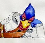 anthro blue_body clothed clothing hand_on_face jacket lying male on_side one_eye_closed solo topwear wink ulala_ko nintendo star_fox falco_lombardi avian bird hi_res painting_(artwork) traditional_painting_(artwork)