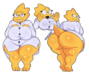 3_toes anthro big_breasts big_butt bottomless bottomless_anthro bottomless_female breasts buckteeth butt clothed clothing coat eyewear feet female glasses glistening glistening_body huge_breasts huge_butt lab_coat nerd overweight overweight_anthro overweight_female scales short_tail shortstack solo tail teeth thick_thighs toes topwear wearing_glasses wide_hips yellow_body yellow_scales kiskjeez undertale_(series) alphys lizard reptile scalie 6:5 absurd_res hi_res