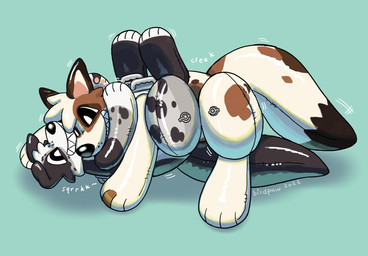 ambiguous/ambiguous ambiguous_gender black_eyes blue_background brown_ears brown_spots brown_tail_tip cuddling dipstick_tail duo feet feral feral_on_feral floppy_ears folded_ears glistening glistening_body grey_body grin hindpaw inflatable leg_markings markings multicolored_body onomatopoeia paws pool_toy pupils rubbing simple_background smile socks_(marking) sound_effects spots spotted_body spotted_markings spotted_tail tail tail_markings teeth text toeless_(marking) white_inner_ear white_pupils white_toes birdpaw_(artist) animate_inanimate canid canine canis domestic_dog living_inflatable living_pool_toy mammal 2026 absurd_res artist_name dated digital_drawing_(artwork) digital_media_(artwork) full-length_portrait hi_res portrait