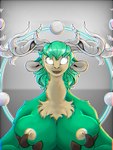 anthro antlers big_breasts breasts female glowing glowing_eyes green_body holding_breast horn huge_breasts nipples no_pupils solo el_caballo_oscuro scp_foundation scp-2845 animal_humanoid cervine deer humanoid mammal mammal_humanoid 3:4 hi_res