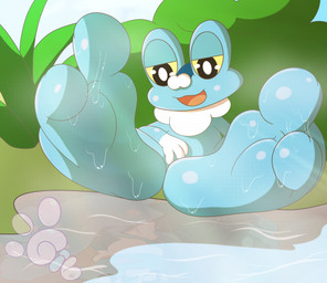 2_toes 3_fingers ambiguous_gender big_feet bodily_fluids curling_toes feet feral fingers foot_fetish foot_focus foot_tease grass hand_on_leg light musk musky_feet plant pond reflection shrub sitting smelly smelly_feet solo sunlight sweat sweaty_feet toes gil_softpaws nintendo pokemon amphibian froakie frog generation_6_pokemon pokemon_(species) absurd_res hi_res