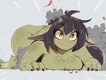 2023 4:3 all_fours black_hair blush bodily_fluids body_size_growth breasts brown_eyes butt castle feet female goblin green_body grey_background hair humanoid macro ncmares not_furry nude simple_background size_transformation solo surprise sweat sweatdrop transformation