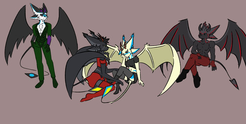 4_ears anthro black_body black_clothing black_sclera blue_body blue_eyes bottomwear clothed clothing feathers female footwear fur green_clothing grey_clothing group horn male membrane_(anatomy) membranous_wings multi_ear pants red_bottomwear red_clothing shirt shoes spread_wings tail topwear white_body white_feathers wings isi_avalibot cobalt_de_sa_(isi_avalibot) isi_de_sa_(isi_avalibot) avali avian demon absurd_res hi_res
