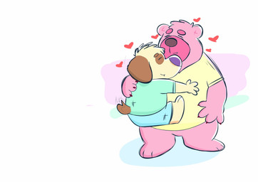 anthro blush bottomwear brown_body brown_fur chibi clothing duo fur heart_symbol hug male male/male overweight overweight_male pink_body pink_fur romantic romantic_couple shirt shorts simple_background topwear gmarrascapache canid canine canis domestic_dog mammal 2020 hi_res