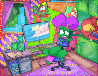 anthro belly big_belly chair computer_keyboard computer_mouse electronics furniture green_body male monitor office_chair plushie poster solo waterfall roksim phlip_the_spiko spiko veggiefolk hi_res