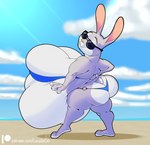 2023 anthro beach belly big_belly big_breasts big_butt bikini bikini_bottom bikini_top breasts butt calorie claws clothing cloud disney ears_up eyewear female huge_belly huge_breasts hyper hyper_belly hyper_breasts judy_hopps lagomorph leporid light looking_at_viewer looking_back mammal obese obese_anthro obese_female outside overweight overweight_anthro overweight_female patreon rabbit rear_view scut_tail seaside short_tail signature smile smiling_at_viewer solo standing sunglasses sunlight swimwear tail teeth toe_claws zootopia