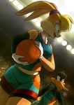 anthro basketball basketball_uniform blonde_hair bodily_fluids clothing duo dutch_angle female hair male male/female sportswear sweat sweatdrop toony tune_squad_outfit tune_squad_outfit_(2021) uniform powree looney_tunes space_jam space_jam:_a_new_legacy warner_brothers daffy_duck lola_bunny anatid anseriform avian bird duck lagomorph leporid mammal rabbit 2021 digital_media_(artwork) hi_res