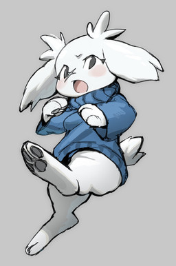 3_fingers 3_toes anthro blue_clothing blue_sweater blue_topwear blush blush_stickers bottomless breasts clothed clothing eyebrows eyelashes facial_scar feet female fingers floppy_ears fur grey_background looking_at_viewer looking_down looking_down_at_viewer low-angle_view one_leg_up open_mouth pawpads raised_leg scar scut_tail short_tail side_view simple_background small_breasts solo sweater sweater_only tail toes topwear topwear_only white_body white_fur x_scar yuve2625 cave_story sue_sakamoto lagomorph mammal mimiga 2025 hi_res