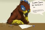 annoyed avian avian_feet beak blue_markings brown_body d20 d4 d6 dice digital_media_(artwork) doesnotexist english_text feathered_wings feathers feral gryphon markings mythological_avian mythological_creature mythology saewin solo tabletop text wings