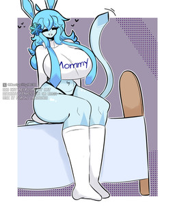 anthro bed big_breasts black_clothing black_thong black_underwear blue_body blue_fur blue_hair breasts clothed clothed_anthro clothed_female clothing curvy_figure eyes_closed female female_anthro footwear fur furniture hair happy heart_symbol long_hair on_bed pose silly silly_face sitting sitting_on_bed smile socks solo solo_in_panel sweater text text_on_clothing text_on_sweater text_on_topwear thick_thighs thong topwear underwear voluptuous white_clothing white_footwear white_socks white_sweater white_topwear wide_hips caslysillyf0x nintendo pokemon fan_character canid canine eeveelution generation_4_pokemon glaceon mammal pokemon_(species) 2026 digital_media_(artwork) hi_res pinup watermark