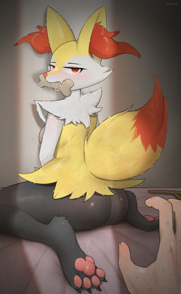 anthro anthro_focus big_butt black_body black_fur blush bodily_fluids bone breasts butt dripping drooling female female_focus first_person_view fur human_pov looking_at_viewer looking_back looking_back_at_viewer medium_breasts pawpads pov_hands saliva saliva_drip solo_focus yellow_body yellow_fur kaiske2 nintendo pokemon braixen generation_6_pokemon human mammal pokemon_(species) absurd_res hi_res