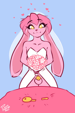 anthro balls bouquet broken_key chastity_cage chastity_device chastity_key clothed clothing crossdressing dress femboy feminization flower flower_bouquet fur genitals gold_(metal) gold_chastity_cage gold_chastity_device hair heart_pupils key_disposal male no_underwear permanent permanent_chastity_device pink_body pink_fur plant simple_background smile solo wedding_dress phenyanyanya atticus_mura lagomorph leporid mammal rabbit 2025 hi_res