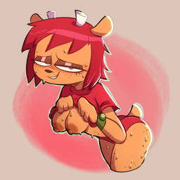 anthro bodily_fluids breasts clock clothed clothing clothing_lift exposed_breasts female hair horn leaning leaning_forward looking_at_viewer narrowed_eyes nipples red_clothing red_hair red_shirt red_topwear scut_tail shirt shirt_lift short_tail smile smirk solo sweat sweaty_breasts sweaty_legs sweaty_thighs tail tan_body topwear watch alfred0sauce parappa_the_rapper sony_corporation sony_interactive_entertainment um_jammer_lammy lammy_lamb bovid caprine mammal sheep 1:1 2024 hi_res portrait three-quarter_portrait