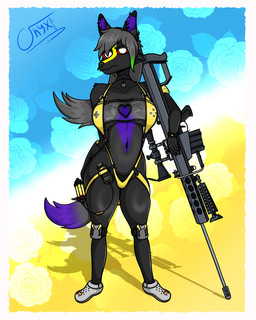 abstract_background anthro barrett_m82 big_breasts bikini black_body breasts choker cleavage cleavage_cutout clothed clothing controller cosplay cutout electronics female footwear grey_hair grey_tail gun hair inner_ear_fluff jewelry knee_pads markings necklace purple_markings ranged_weapon red_sclera solo swimwear tail thick_thighs tuft two-piece_swimsuit two_tone_tail weapon white_eyes wide_hips onyxmeow crocs goddess_of_victory:_nikke mythology elegg_(nikke) onyx_(onyxmeow) canid canid_demon canine demon hellhound mammal mythological_canine mythological_creature 4:5 absurd_res hi_res