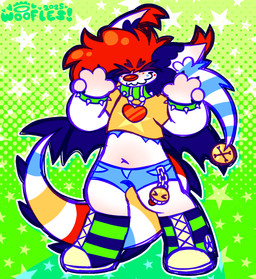 anthro black_body black_fur bottomwear bracelet clothing clown clown_nose collar collar_tag crop_top denim denim_bottomwear denim_clothing denim_shorts dipstick_ears ear_markings footwear fur hair heart_collar_tag jewelry male markings mastectomy_scar multicolored_ears multicolored_tail pattern_background red_hair red_nose scar shirt shoes shorts simple_background smile solo spade_tail spiked_bracelet spiked_collar spikes tail tail_markings tendrils toony topwear white_body wings yellow_clothing yellow_shirt yellow_topwear afterpawty logan_(pinatareaper) canid canine hybrid hyena mammal colorful_theme digital_media_(artwork) hi_res