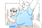 anthro belly big_belly bottomwear clothing duo eyes_closed kemono male open_mouth overweight overweight_male pants shirt simple_background topwear inunoshippo canid canine canis domestic_dog domestic_pig mammal suid suina sus_(pig) 2024 hi_res