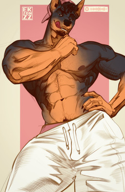 anthro backwards_baseball_cap backwards_hat baseball_cap bedroom_eyes black_body black_fur black_hair body_hair bottomwear brown_body brown_fur chest_hair clothing facial_hair fur goatee hair hand_on_hip hat headgear headwear licking licking_lips male muscular muscular_anthro muscular_male narrowed_eyes pants pose pubes seductive shirtless_anthro shirtless_male solo sweatpants tongue tongue_out ekzonzz ty_the_doberman canid canine canis dobermann domestic_dog mammal pinscher absurd_res hi_res pinup