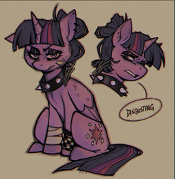 alternative_fashion bandage bracelet cheek_tuft collar emo eyeshadow facial_tuft female feral frown goth horn jewelry looking_at_viewer makeup scowl simple_background solo spiked_collar spikes tuft wings wristband fabarts friendship_is_magic hasbro my_little_pony mythology twilight_sparkle_(mlp) equid equine mammal mythological_creature mythological_equine winged_unicorn