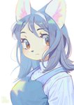 anthro blue_hair blush brown_eyes clothed clothing eyebrows eyelashes female hair kemono long_hair simple_background solo text white_background aruurara misha_(aruurara) mammal unknown_species 2018 english_text hi_res