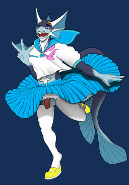 anthro asian_clothing balls bottomwear clothing east_asian_clothing frill_(anatomy) genitals gesture hand_gesture humanoid_genitalia humanoid_penis japanese_clothing japanese_school_uniform legwear male penis raised_leg school_uniform serafuku skirt solo thigh_highs uniform v_sign wardrobe_malfunction nunyahbis aquatic fish shark alpha_channel hi_res