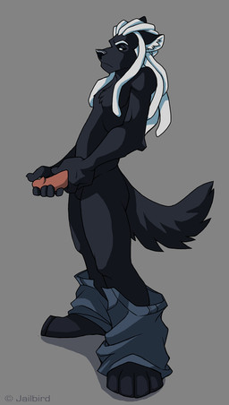 anthro balls biped black_body black_eyes black_fur bottomwear bottomwear_down clothed clothing dreadlocks erection fur genitals hair humanoid_genitalia humanoid_penis inner_ear_fluff looking_at_viewer male pants pants_down partially_clothed penis simple_background solo tail text tuft white_hair jailbird canid canine canis mammal wolf digital_media_(artwork) shaded
