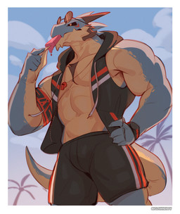 abs anthro biceps blue_body bottomwear claws clock clothing dessert eyewear food horn ice_cream jacket jacket_vest male multicolored_body muscular muscular_anthro muscular_male outside popsicle shorts sky solo standing sunglasses tail topwear two_tone_body vest watch whistle_(object) wolfanine mythology dragon mythological_creature mythological_scalie scalie absurd_res hi_res