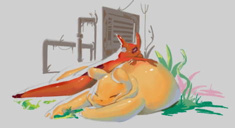 3_fingers ambiguous_gender building burn_scar duo eyes_closed facial_scar female feral fingers glistening glistening_body grass laying_on_another machine missing_eye orange_body overweight overweight_ambiguous overweight_feral pipe plant red_body scar sleeping white_eyes citrusslugcat rain_world videocult artificer_(rain_world) gourmand_(rain_world) slugcat