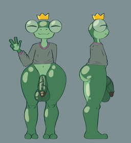 4_fingers anthro balls biped butt clothing eyes_closed fingers front_view genitals glans green_balls green_body green_penis humanoid_genitalia humanoid_penis male mouth_closed penis shirt side_view solo standing topwear vein veiny_penis froggkingg amphibian frog 2025 hi_res