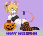 anthro blonde_hair blush bulge clothing femboy hair holiday_message holidays legwear male purple_background simple_background solo text thigh_highs mr-shin halloween marvin_(mr-shin) mammal mouse murid murine rodent 2023 english_text hi_res