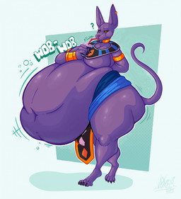 anthro armlet belly big_belly big_butt black_claws bottomwear bracelet butt claws clothing container cup drinking drinking_straw ear_piercing gold_(metal) gold_armlet gold_bracelet gold_jewelry gold_necklace hairless huge_belly jewelry loincloth long_ears male morbidly_obese motion_lines navel necklace obese overweight piercing purple_body purple_skin question_mark rumbling_stomach simple_background solo sound_effects tail thick_thighs wide_hips yellow_eyes awoogasm voxelcubed dragon_ball dragon_ball_super toei_animation beerus domestic_cat felid feline felis hairless_cat mammal sphynx_(cat) 2025 hi_res