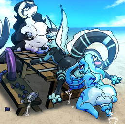 anthro balls beach big_breasts big_butt blue_body blue_eyes blue_hair blush breasts butt cleavage clothed clothing cloud detailed_background genitals hair herm herm/male huge_breasts huge_butt intersex intersex/male long_hair male male/male nipples outside penis pokemorph seaside sky smile vulva white_body halfpricesouls nintendo pokemon aquatic cephalopod cetacean eeveelution generation_1_pokemon mammal mollusk pokemon_(species) vaporeon absurd_res hi_res