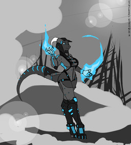 armor biped blue_eyes boots breasts clothing female footwear glowing glowing_markings horn legwear magic markings non-mammal_breasts science_fiction shoes solo standing tail technology thick_tail thigh_highs tight_clothing wide_hips synxirazu-niam mythology narune dragon mythological_creature mythological_scalie scalie 2013 restricted_palette