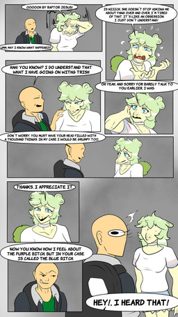 annoyed anthro bald biped blue_eyes bodily_fluids bottomwear breasts choker clenched_teeth clothed clothed_anthro clothed_female clothed_human clothed_male clothing comforting denim denim_bottomwear denim_clothing denim_shorts dialogue distressed dot_eyes duo female furgonomics green_body green_clothing green_hair green_shirt green_topwear grey_background grey_clothing grey_jacket grey_topwear hair hair_bun hand_on_head hand_on_shoulder insulting_another jacket jewelry long_hair male medium_breasts necklace neutral_expression open_clothing open_jacket open_mouth open_topwear profanity shirt shorts simple_background simple_eyes smile smirk smug speech_bubble spikes surprised sweat sweatdrop talking_to_another teeth text topwear twin_buns white_clothing white_shirt white_topwear wide_eyed fuegosonic93 cavemanon_studios goodbye_volcano_high ko_op_(game_developer) snoot_game anon_(snoot_game) stella_(gvh_beta) dinosaur human mammal ornithischian prehistoric_species reptile scalie stegosaurian stegosaurus thyreophoran 4k 9:16 absurd_res colored comic english_text hi_res