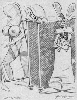 anthro bow_tie breasts clothed clothing female genitals hair hair_over_eye husband_and_wife male married_couple mirror nipples vulva julius_zimmerman disney who_framed_roger_rabbit jessica_rabbit roger_rabbit human lagomorph leporid mammal rabbit monochrome