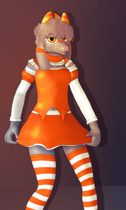 anthro armwear clothed clothing crossdressing detached_sleeves dress femboy floppy_ears fur grey_body grey_fur hair horn legwear male orange_clothing orange_dress orange_eyes orange_horn orange_legwear orange_thigh_highs pattern_clothing pattern_legwear pattern_thigh_highs solo striped_clothing striped_legwear striped_thigh_highs stripes thigh_highs tongue tongue_out conditional_dnp gusta gusta_(gusta) bovid caprine goat mammal hi_res