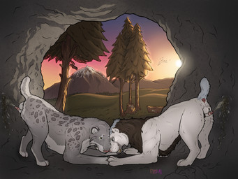 animal_genitalia animal_penis anus balls big_fangs blue_eyes bodily_fluids cave duo eye_contact fangs feline_genitalia feline_penis feral fur genital_fluids genitals grass green_eyes grey_body grey_fur inside looking_at_another male male_feral marking_territory mouth_closed peeing peeing_together penis plant side_view sunset teeth tree urine watersports white_balls white_body white_fur sketchy_shelby felid mammal hi_res