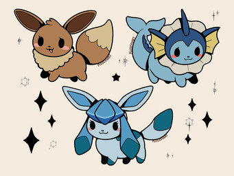 blue_body brown_body brown_fur cheek_spots chibi eyelashes female feral fin frill_(anatomy) fur group neck_frill neck_tuft simple_background simple_eyes sparkles star tan_background tan_body tan_fur toony toony_eyes trio tuft plushyhart nintendo pokemon canid eevee eeveelution generation_1_pokemon generation_4_pokemon glaceon mammal marine pokemon_(species) vaporeon 4:3 hi_res
