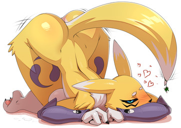anthro big_butt biped black_sclera blue_eyes blush breasts butt claws clothed clothing dipstick_tail eyelashes feet female female_anthro fur glistening glistening_body heart_symbol looking_at_viewer markings mistletoe multicolored_body multicolored_fur partially_clothed pawpads plant pupils purple_clothing simple_background solo tail tail_markings thick_thighs toe_claws toes white_background white_body white_fur yellow_body yellow_fur chrysalisdraws bandai_namco digimon digimon_(species) renamon