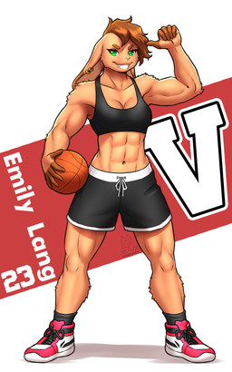 abs anthro ball basketball_(ball) basketball_uniform biped bottomwear breasts clothed clothed_anthro clothed_female clothing ear_piercing ear_ring female fingers front_view fully_clothed fully_clothed_anthro fully_clothed_female fur hair looking_at_viewer muscular muscular_anthro muscular_female navel piercing ring_piercing smile solo sportswear standing teeth topwear uniform mykegreywolf ventura_city_drifters emily_lang lagomorph leporid mammal rabbit 2026 5:8 absurd_res digital_drawing_(artwork) digital_media_(artwork) hi_res